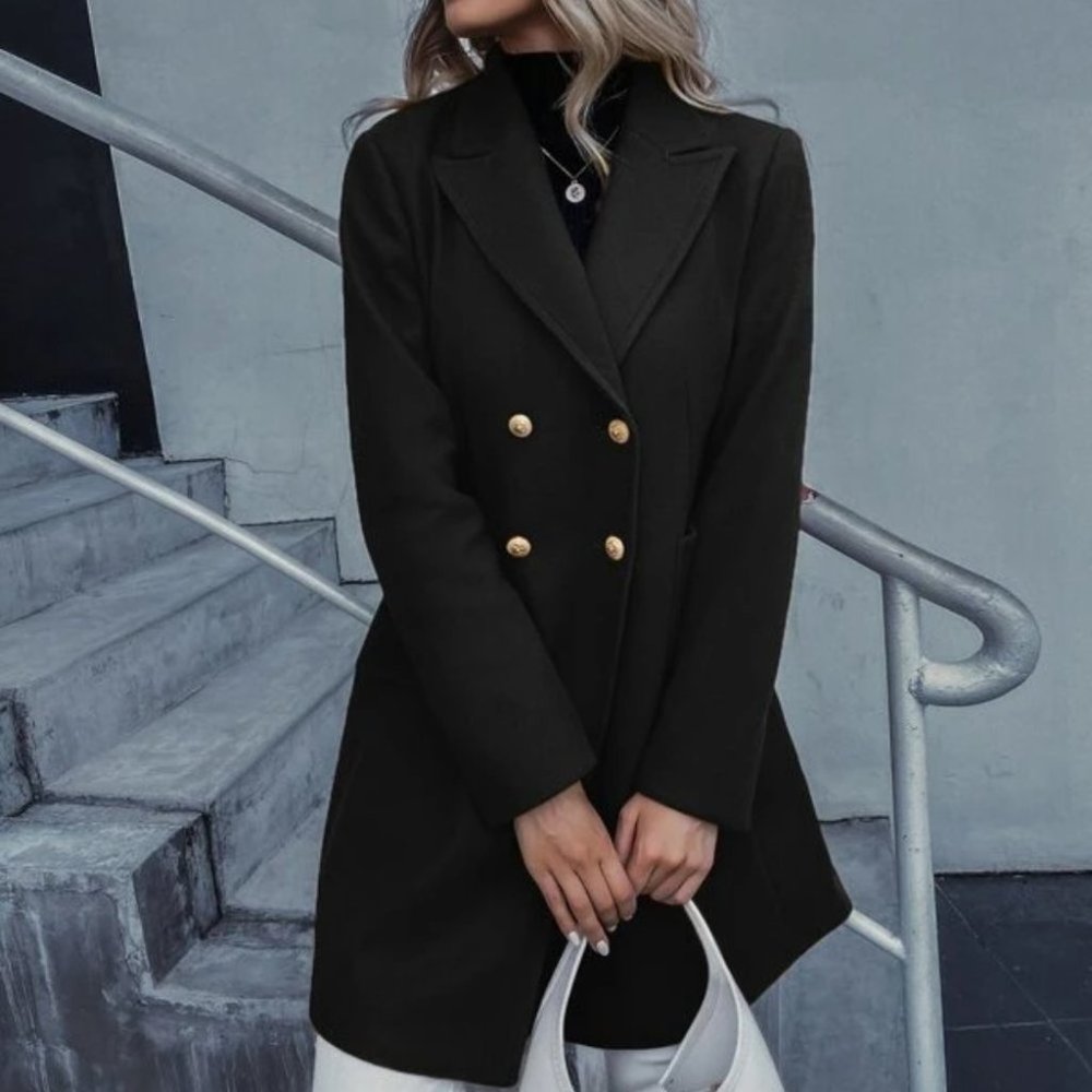 Double Breasted Lapel Collar Button Up pocketed Overcoat Black - Picture 3 of 9